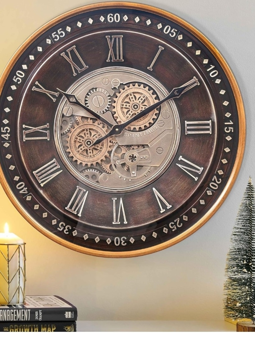 CLXEAST 24" Moving Gear Wall Clock Industrial Steampunk Roman Numeral Decor